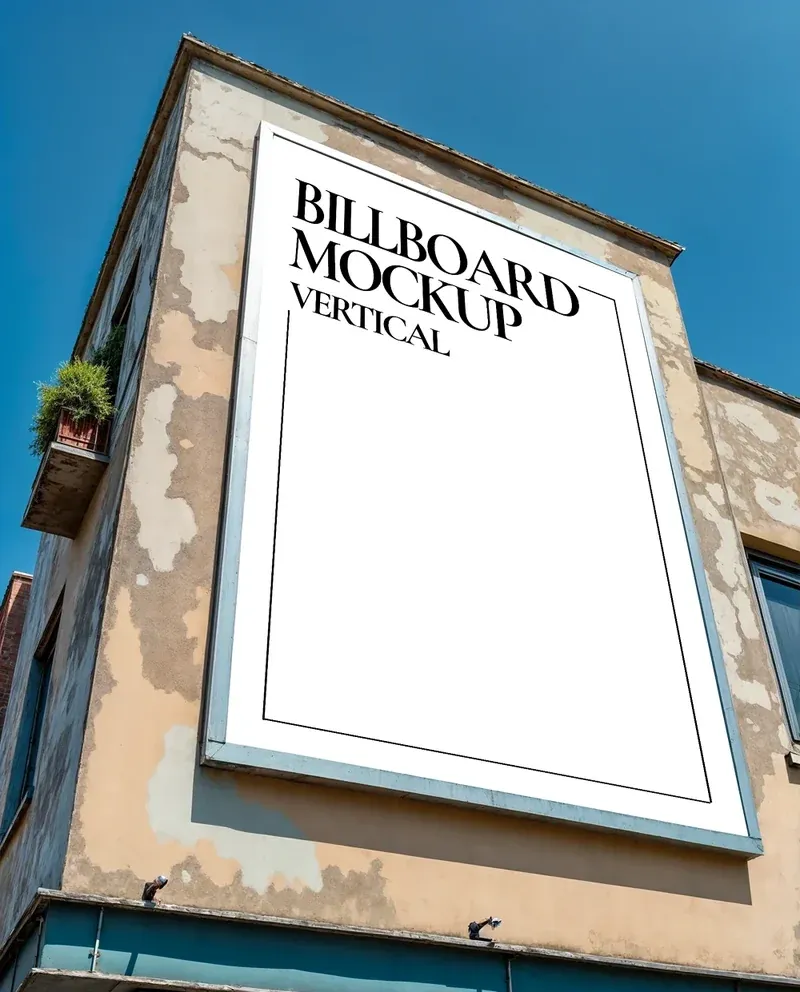 Vertical billboard mockup mounted on a building wall